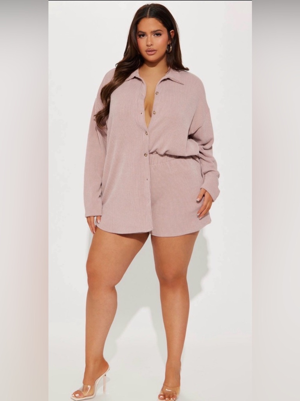 Fashion Nova Ribbed Button-Front Shorts Set in Dusty Rose